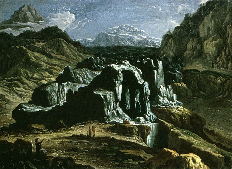 The Lower Grindelwald Glacier reaching the valley, around 1700. Painting by Felix Meyer.