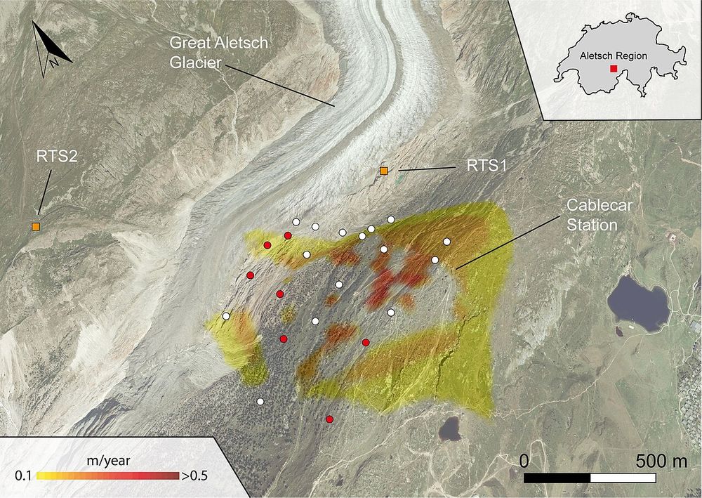 Ground movement at Moosfluh measured by the Sentinel-1 satellite, August to November 2016. ESA.